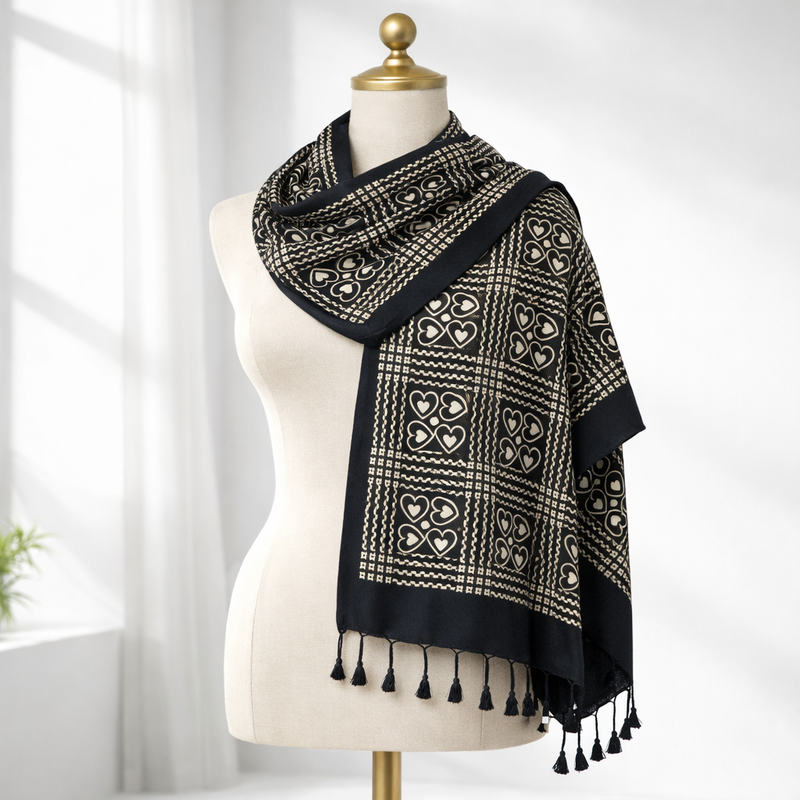 Premium Heart Checkered Pattern Satin Scarf for Women | Soft Lightweight Fashion Wrap