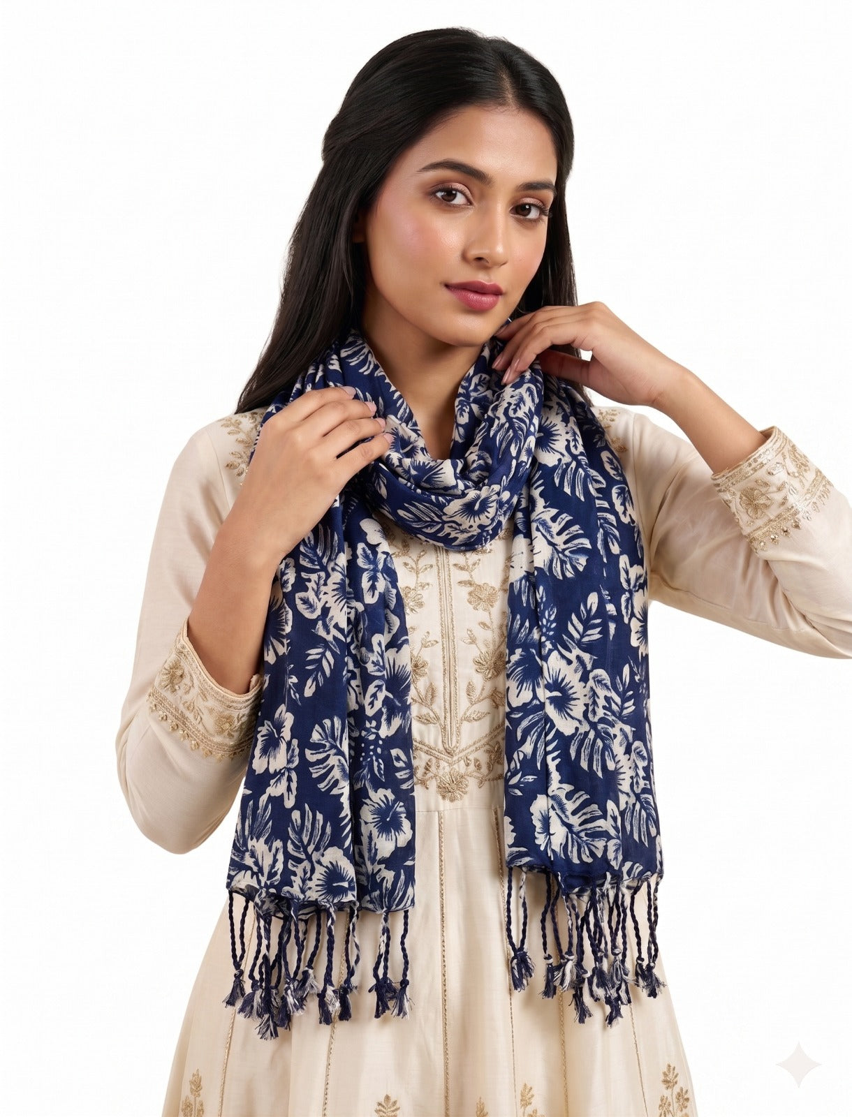 Premium Indigo Floral Printed Scarf for Women | Soft Elegant Dupatta with Tassels