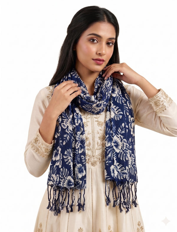 Premium Indigo Floral Printed Scarf for Women | Soft Elegant Dupatta with Tassels