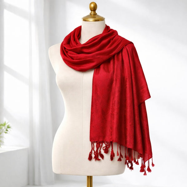 Luxury Solid Satin Silk Scarf for Women | Elegant Soft Designer Stole with Tassels