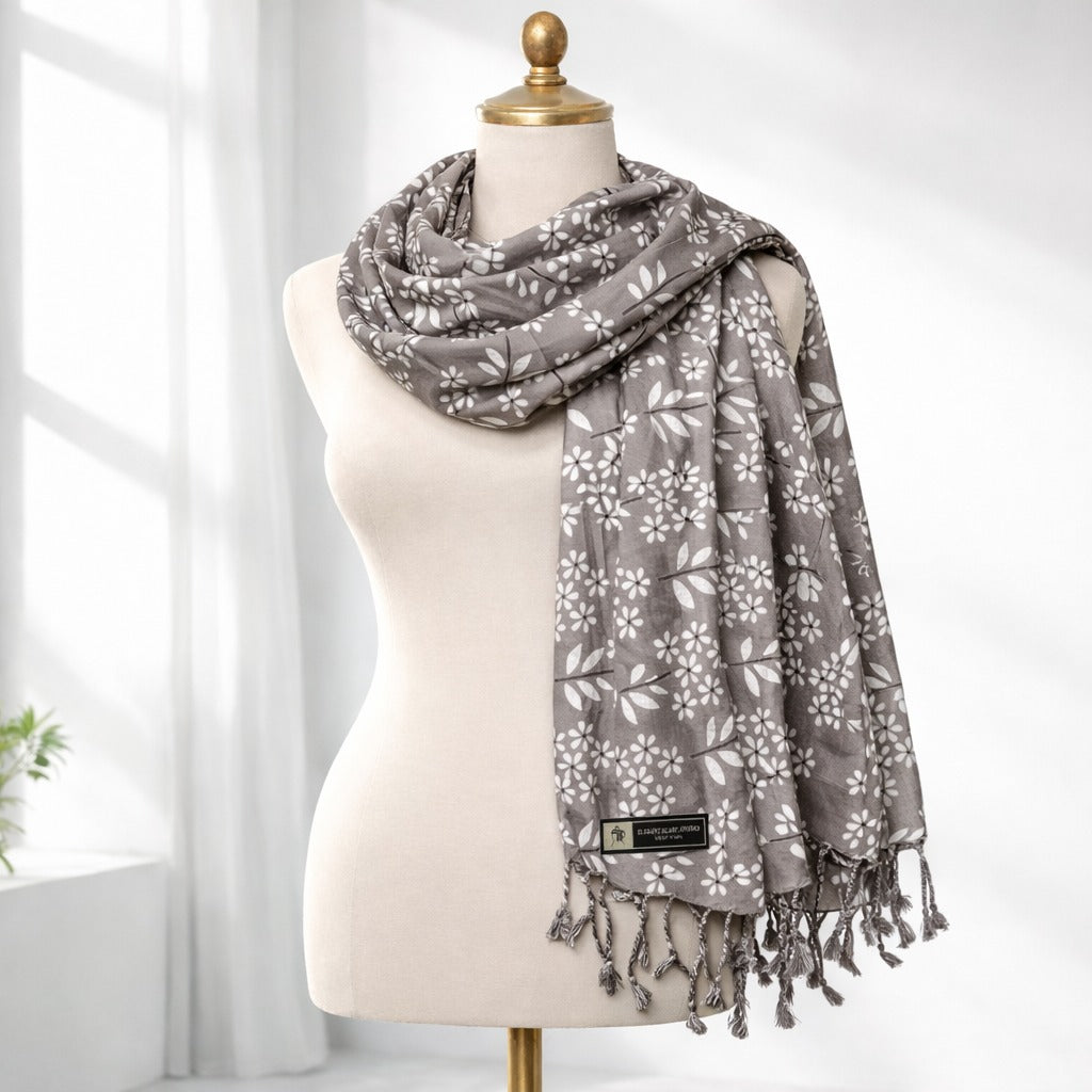 Floral Printed Soft Cotton Scarf for Women | Lightweight Stylish Stole with Tassels
