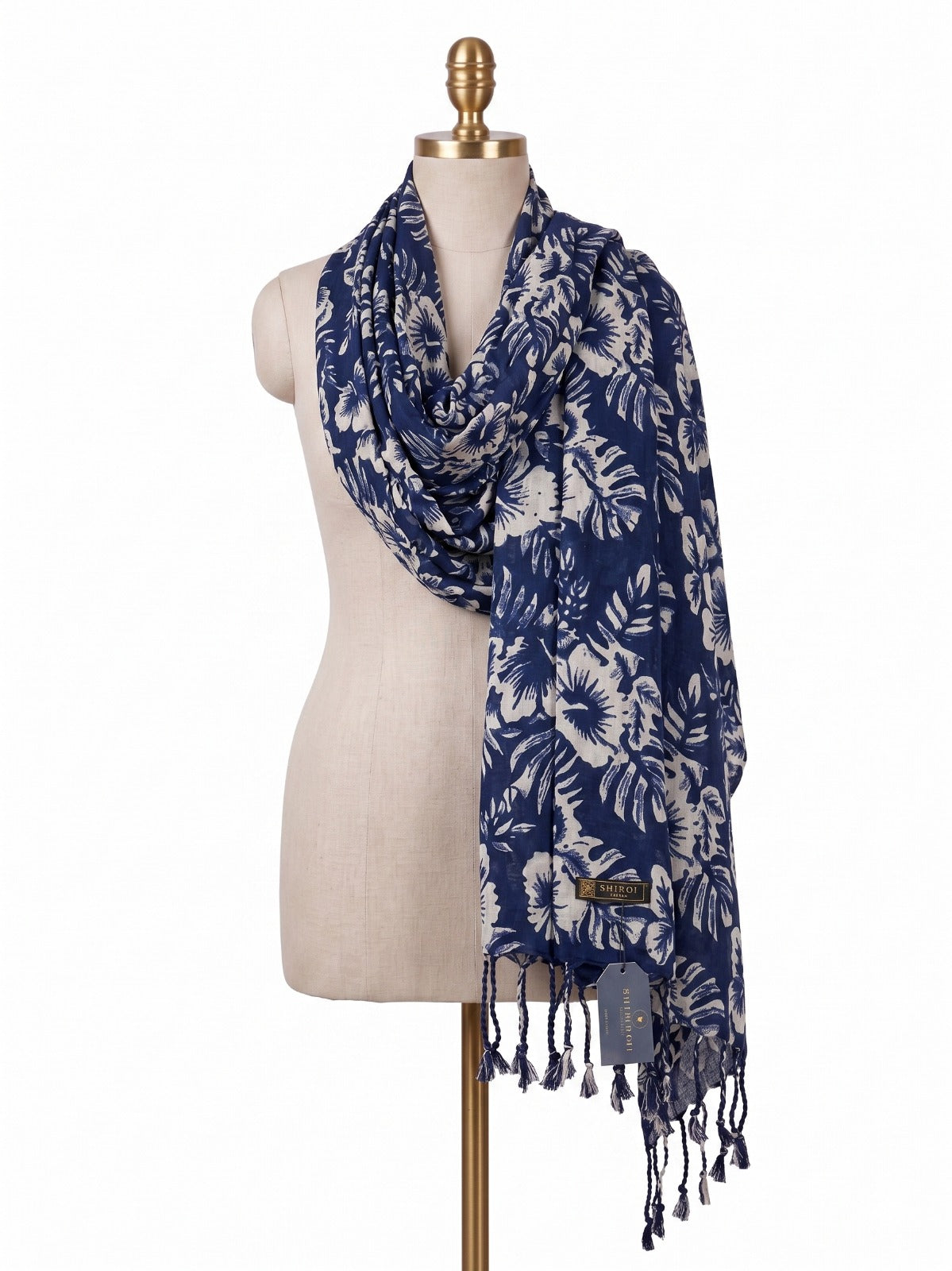 Premium Indigo Floral Printed Scarf for Women | Soft Elegant Dupatta with Tassels