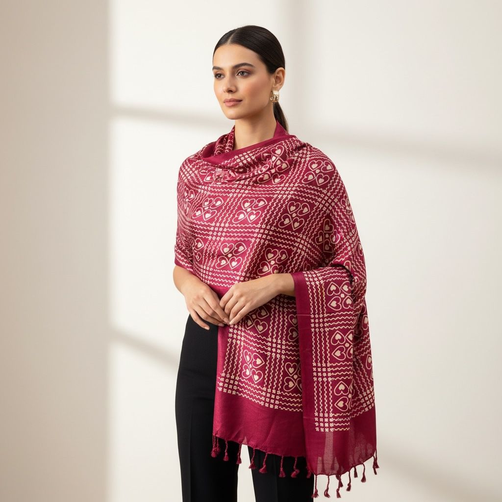 Maroon Heart Print Women’s Scarf with Tassels | Lightweight Ethnic Wrap