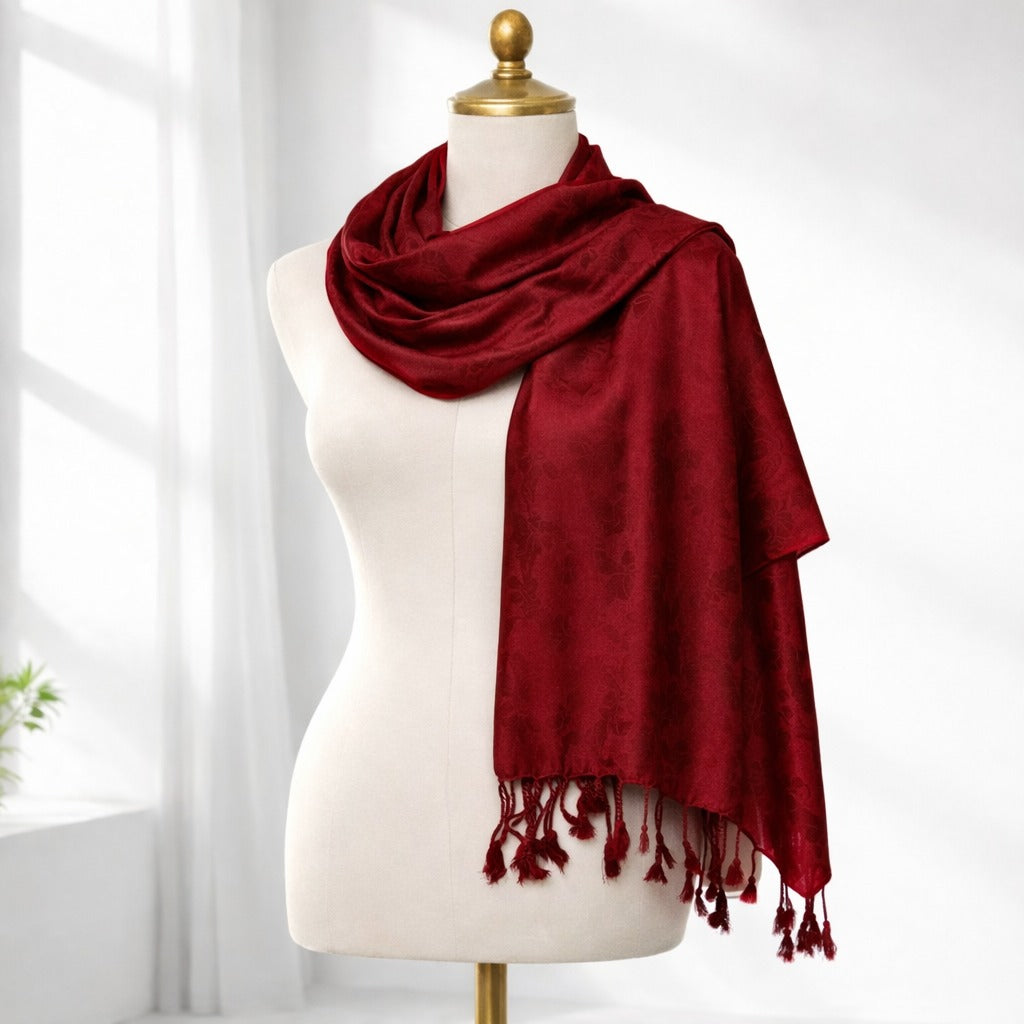 Luxury Solid Satin Silk Scarf for Women | Elegant Soft Designer Stole with Tassels