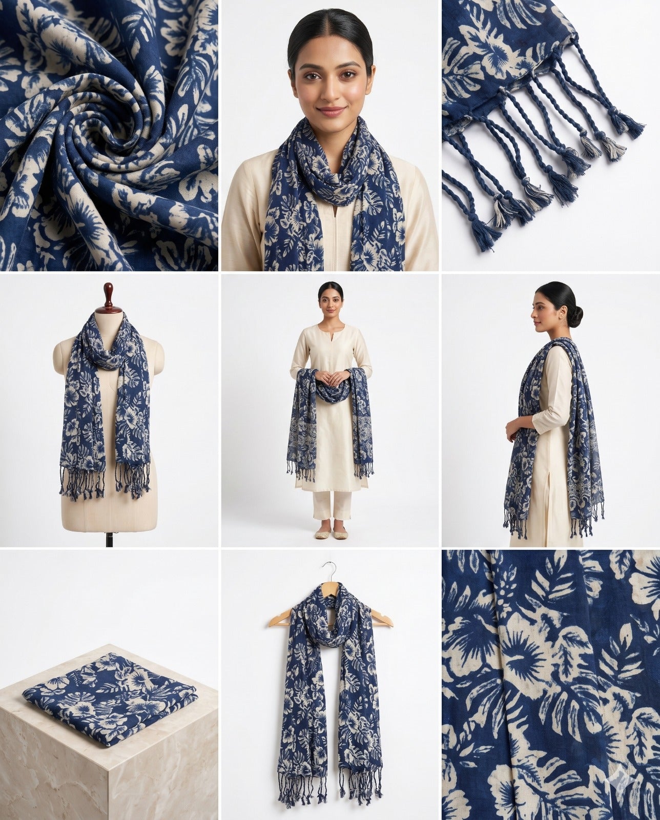 Premium Indigo Floral Printed Scarf for Women | Soft Elegant Dupatta with Tassels