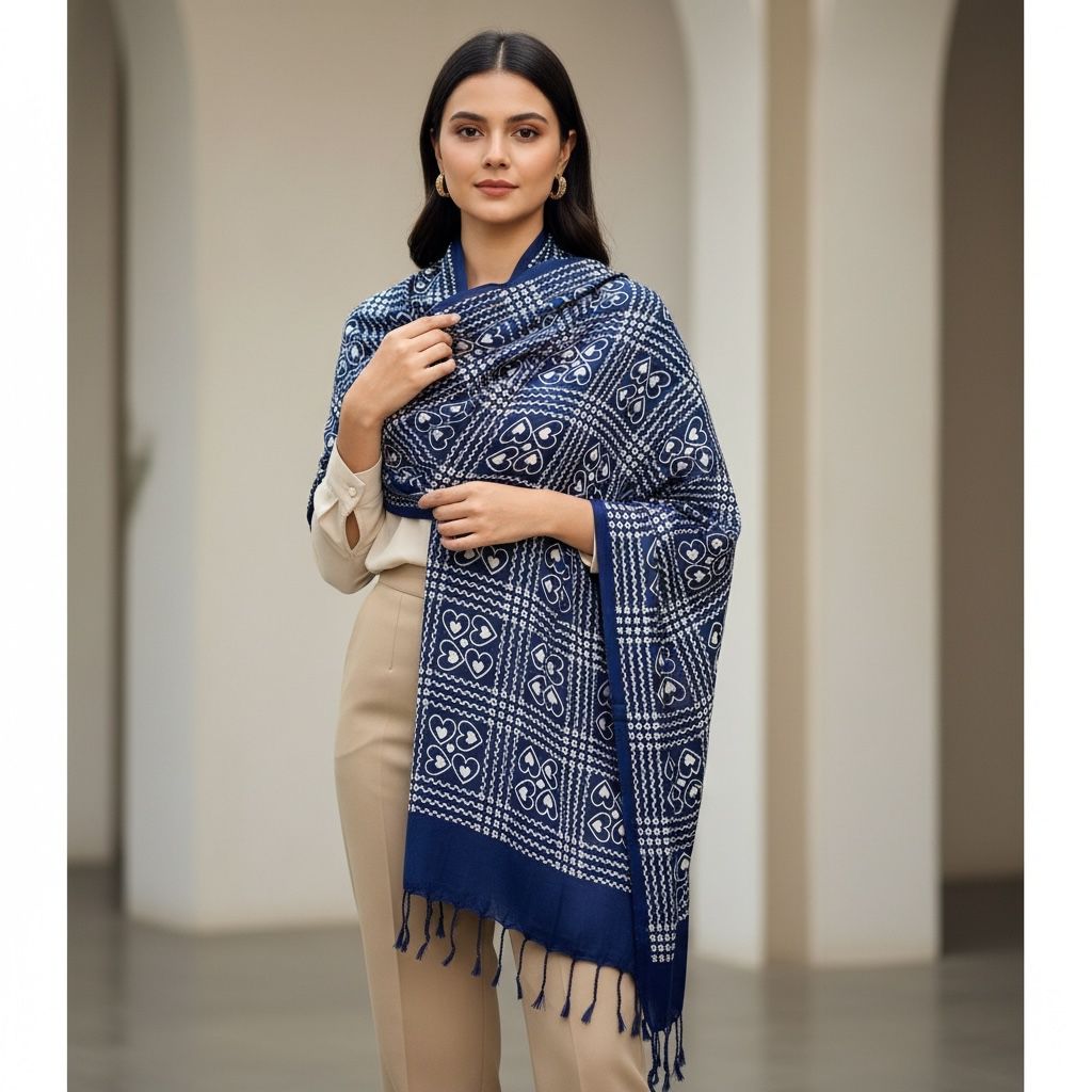 Navy Blue Heart Print Scarf for Women with Tassels | Lightweight Ethnic Wrap