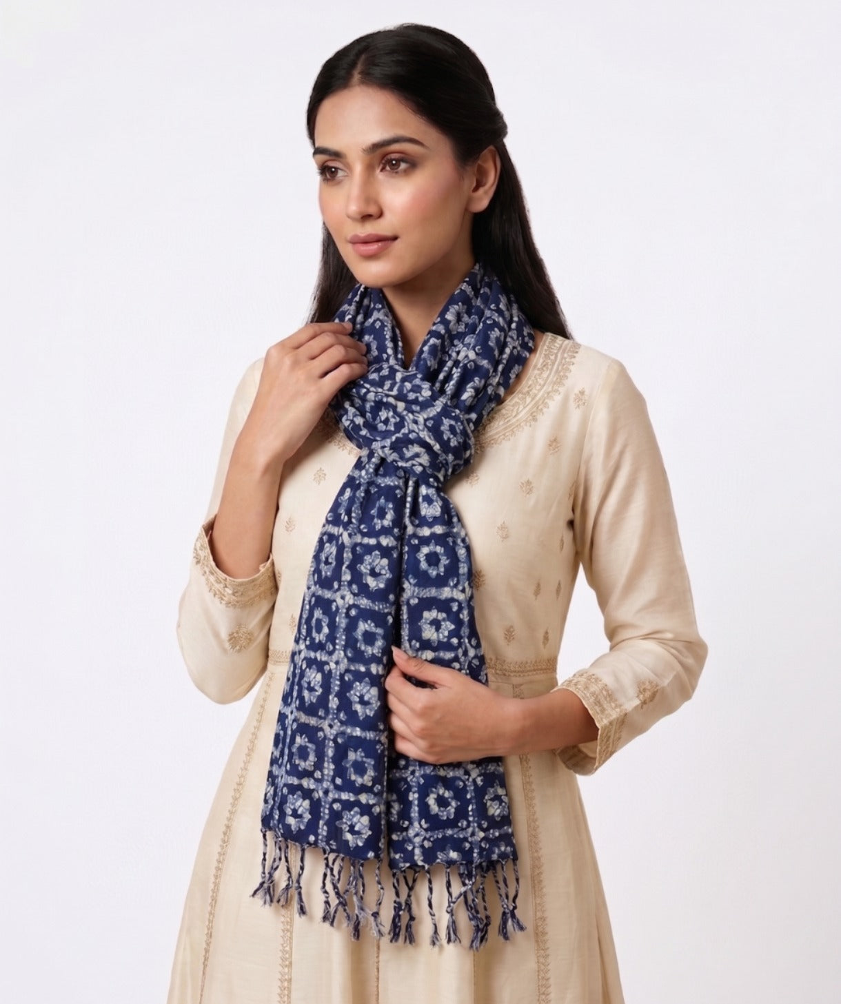 Elegant Indigo Floral Geometric Scarf for Women | Soft Printed Dupatta with Tassels