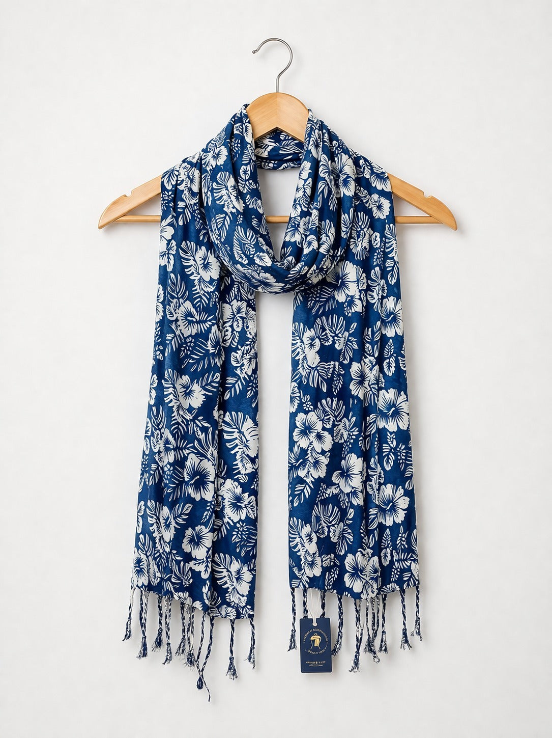 Premium Indigo Floral Printed Scarf for Women | Soft Elegant Dupatta with Tassels