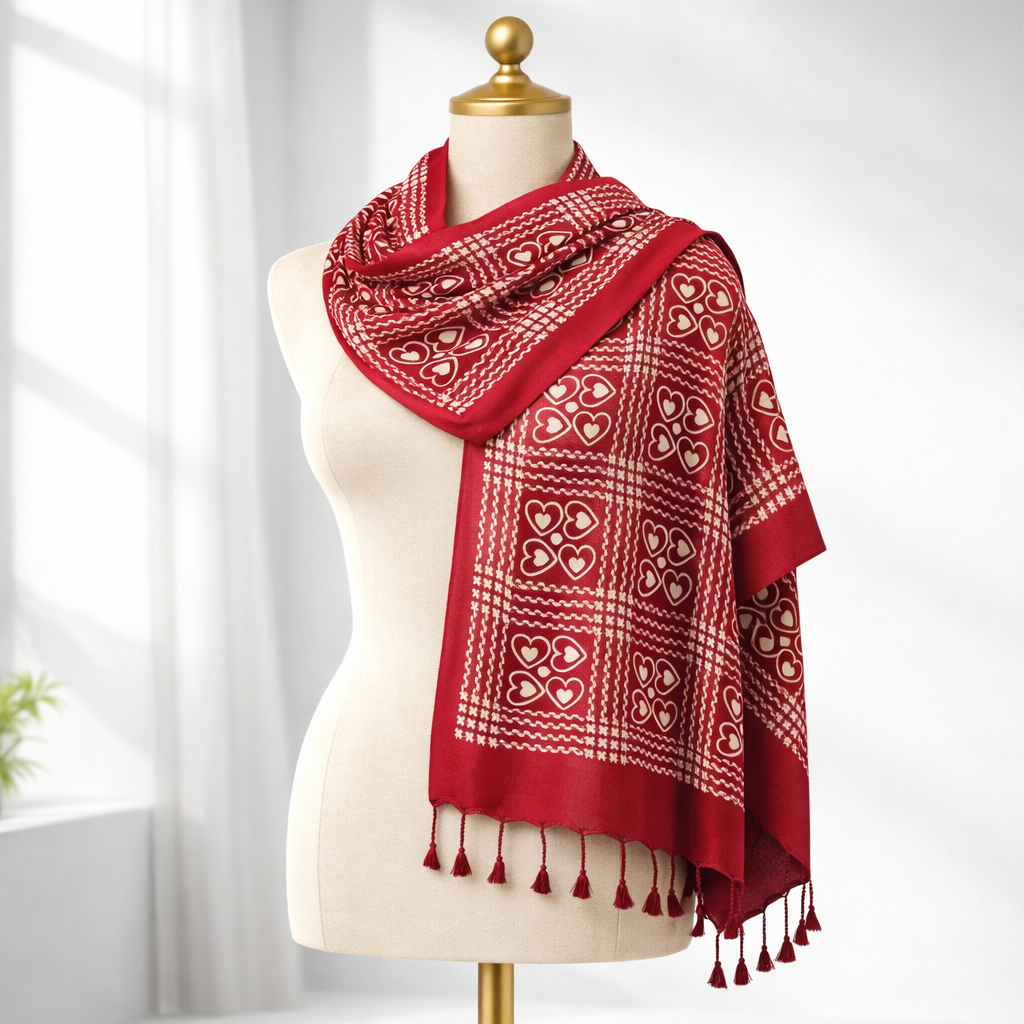 Premium Heart Checkered Pattern Satin Scarf for Women | Soft Lightweight Fashion Wrap