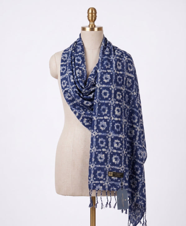 Elegant Indigo Floral Geometric Scarf for Women | Soft Printed Dupatta with Tassels