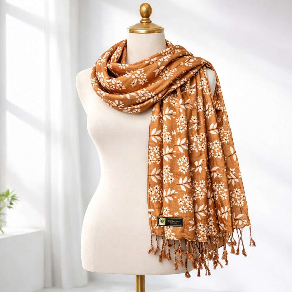 Floral Printed Soft Cotton Scarf for Women | Lightweight Stylish Stole with Tassels