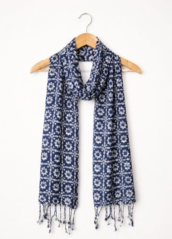 Elegant Indigo Floral Geometric Scarf for Women | Soft Printed Dupatta with Tassels