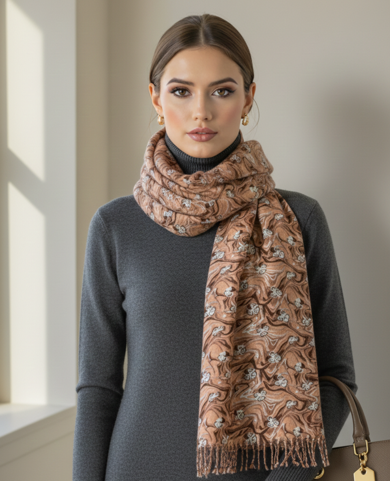 Premium Brown Floral Scarf for Women | Soft Elegant Winter Wrap