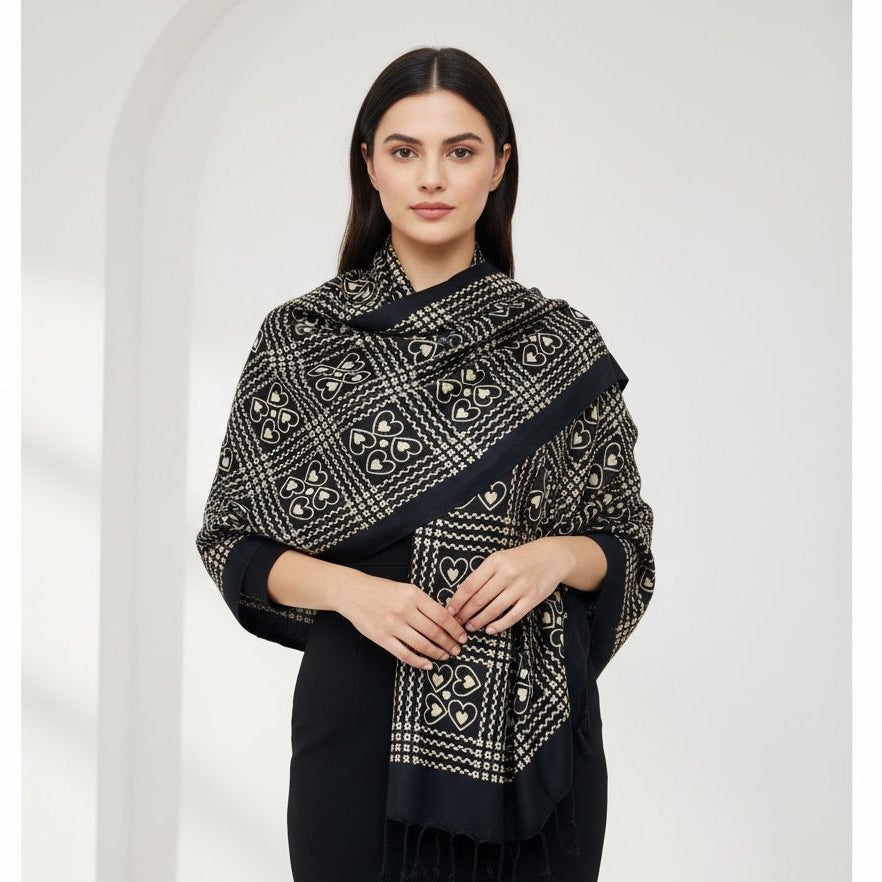 Premium Black Printed Scarf for Women | Soft Elegant Wrap with Tassels