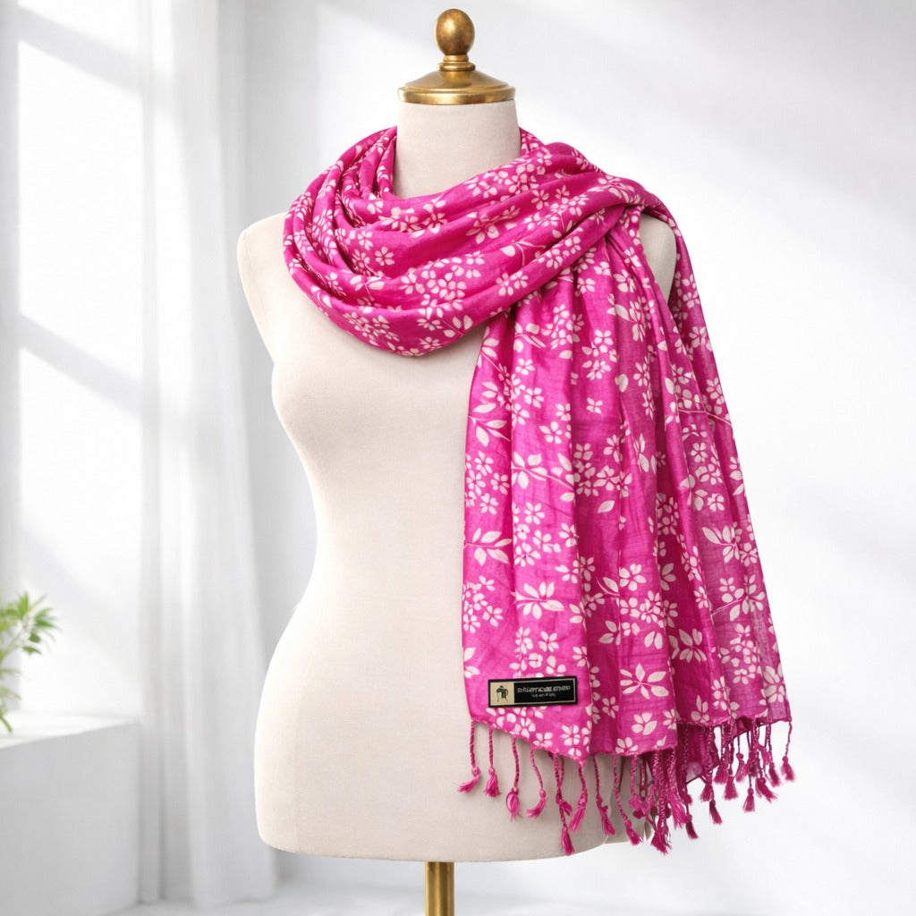 Floral Printed Soft Cotton Scarf for Women | Lightweight Stylish Stole with Tassels
