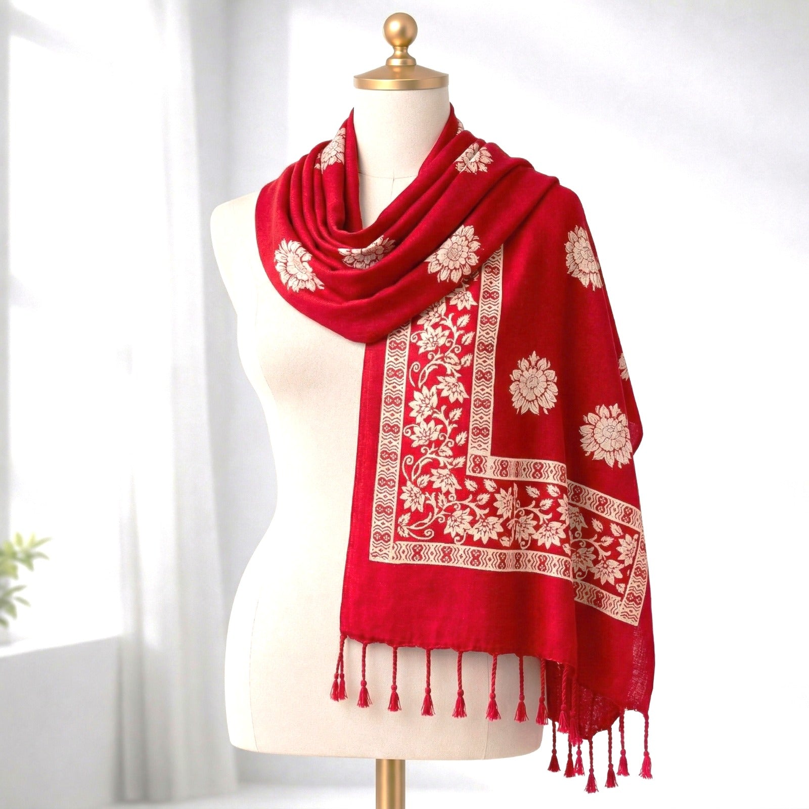 Premium Ethnic Floral Border Scarf for Women | Soft Elegant Designer Wrap
