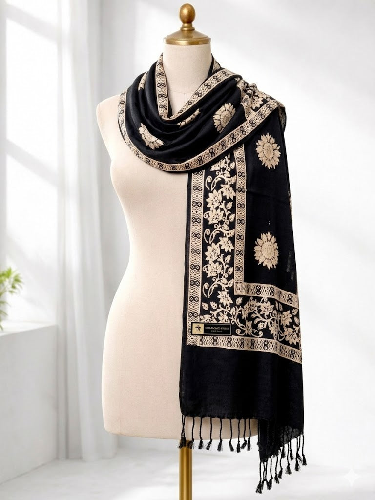 Premium Ethnic Floral Border Scarf for Women | Soft Elegant Designer Wrap