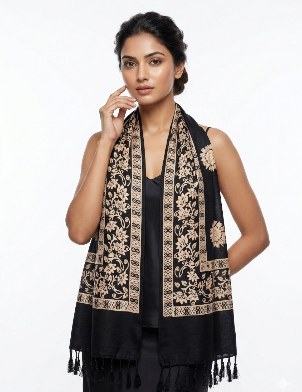 Premium Ethnic Floral Border Scarf for Women | Soft Elegant Designer Wrap