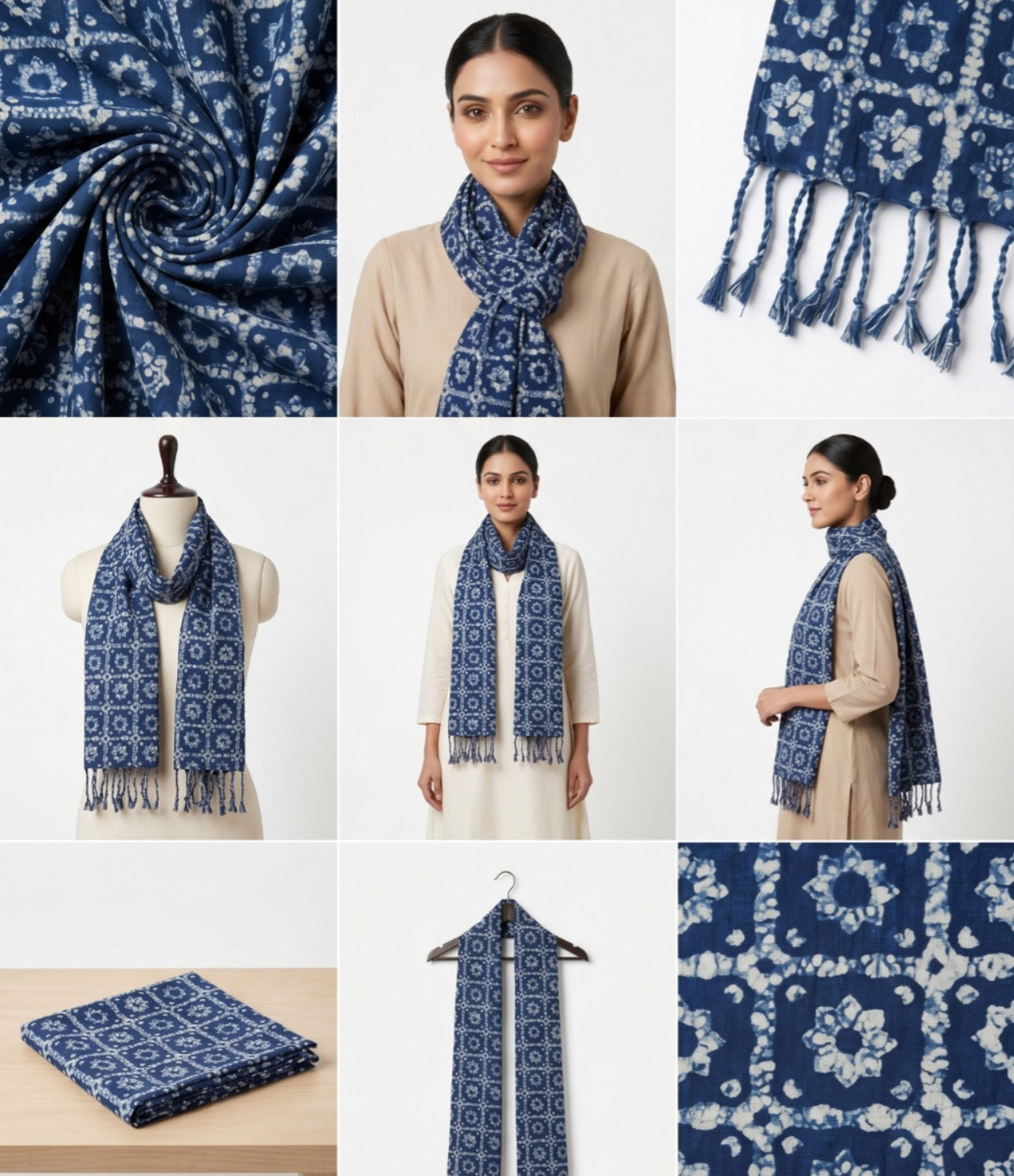 Elegant Indigo Floral Geometric Scarf for Women | Soft Printed Dupatta with Tassels