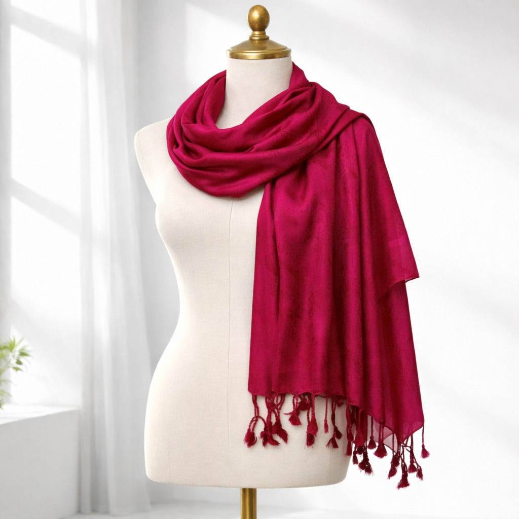 Luxury Solid Satin Silk Scarf for Women | Elegant Soft Designer Stole with Tassels